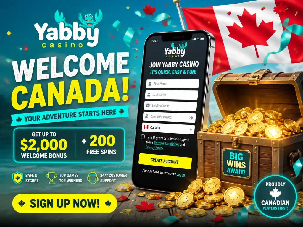 Yabby Casino Canada register sign up 2000$ bonus 200 free spins